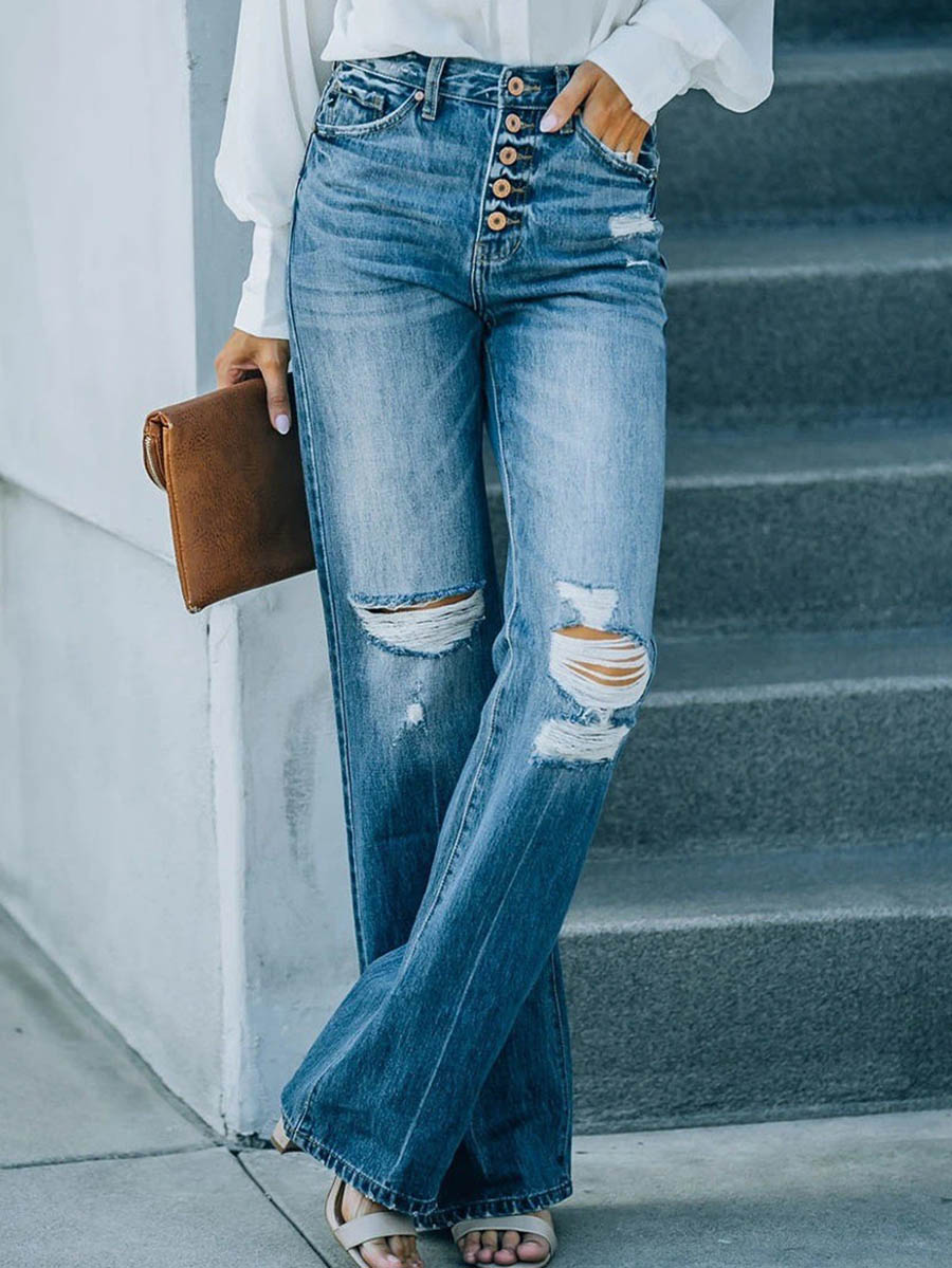 Casual Street Solid Ripped Buckle High Waist Straight Denim Jeans